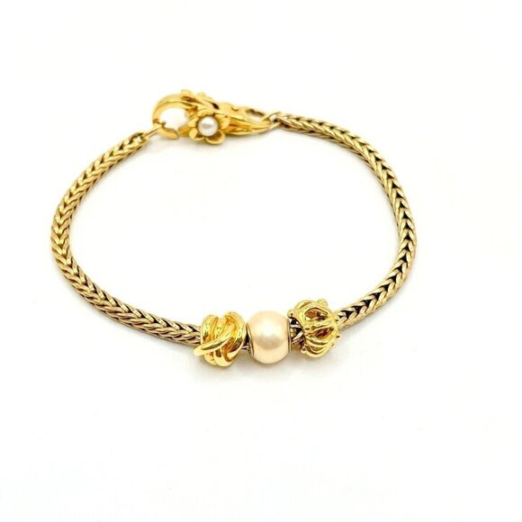 Trollbeads 18K/14K/Sterling Wheat Bracelet With Three Charms and Flower Clasp - Picture 1 of 12